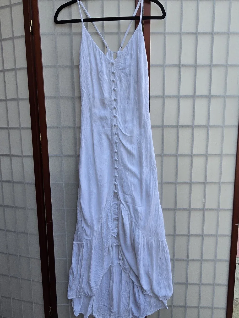 Abercrombie & Fitch White Crinkle Maxi Dress L Cottagecore Boho Coastal High-Low
